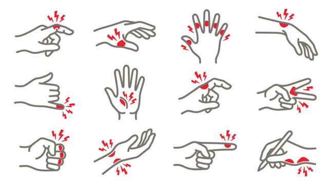 Medical icons of hand joint pain and inflammation for healthcare education and diagnostic information