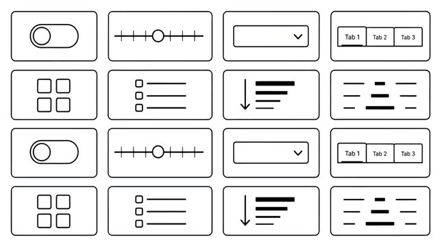 Collection of basic user interface elements including toggles, sliders, dropdowns, and tab controls.