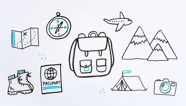 Minimalist travel icon collection sketch with adventure backpack mountains