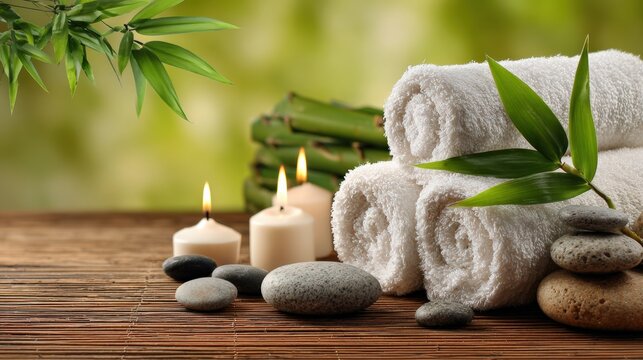 Spa stones and bamboo leaves with towels and candles on wooden table