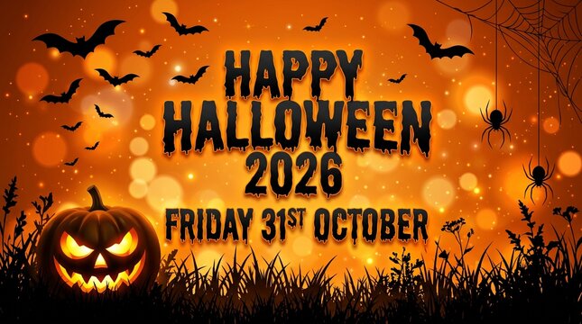 Happy halloween 2026 festive background with pumpkin and spiders