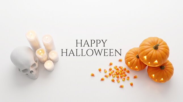 Happy halloween background with skull, candles, pumpkins and candy corn