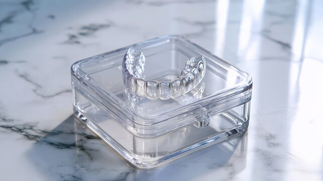 Clear orthodontic aligners in elegant storage case on white marble surface