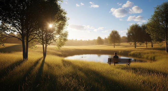 Sunny park landscape with empty bench near pond.