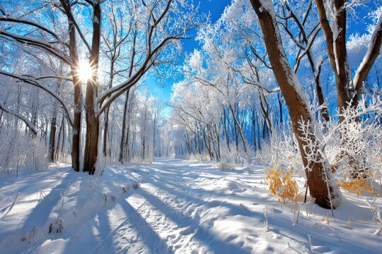 Winter forest path covered with frost and sparkling snow in blue tones