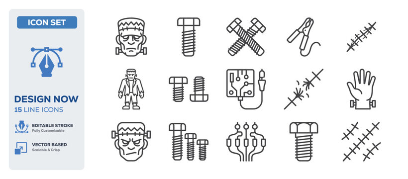 flat vector illustration line art icon bundle set design highlighting scary halloween frankenstein monsters evil zombie heads creepy horror masks and spooky creature UI