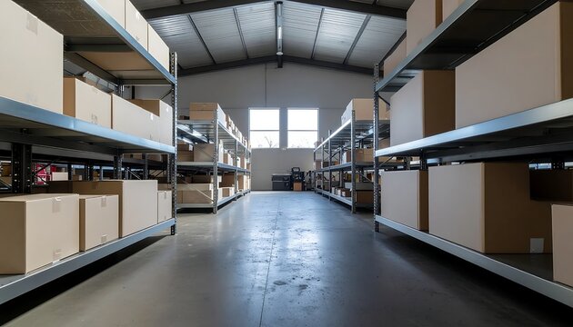 Modern warehouse interior with metal shelves and cardboard boxes