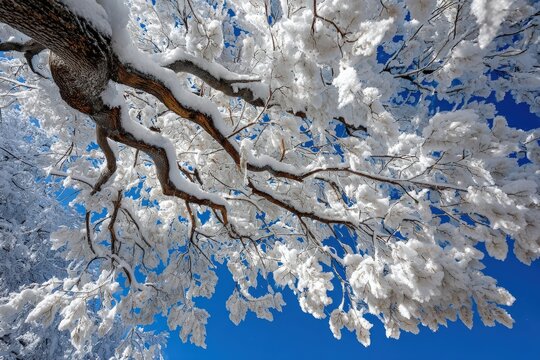 Frosty trees in winter forest with snow and blue sky in a low angle view