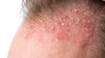 Fototapeta premium Close-up of human scalp with dry flaky dandruff, seborrheic dermatitis, and irritated red skin showing signs of psoriasis or eczema. AI generated. 