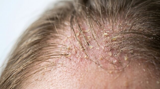Close-up of human scalp with dry flaky dandruff, seborrheic dermatitis, and irritated red skin showing signs of psoriasis or eczema. AI generated.
