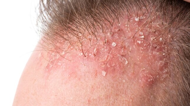 Close-up of human scalp with dry flaky dandruff, seborrheic dermatitis, and irritated red skin showing signs of psoriasis or eczema. AI generated.
