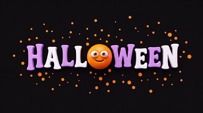 3d halloween text with a cute orange character face on black background