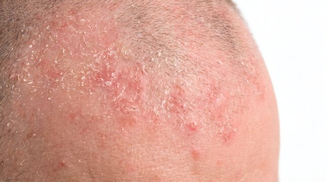 Close-up of human scalp with dry flaky dandruff, seborrheic dermatitis, and irritated red skin showing signs of psoriasis or eczema. AI generated.
