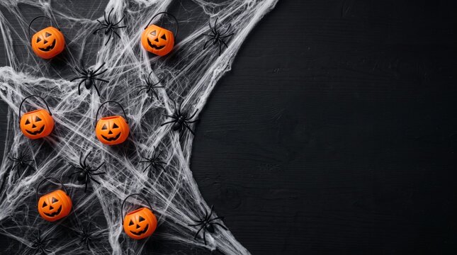 Halloween background with spider webs, plastic spiders and pumpkin buckets