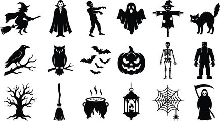 Fototapeta premium Set of halloween silhouette icons isolated on transparent background spooky symbols vector illustration.