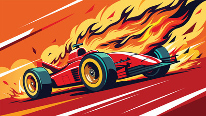 Obraz premium Red Formula One racecar speeding with flames during competition on asphalt track