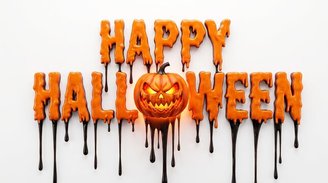 Happy halloween text with melting orange slime isolated on white background