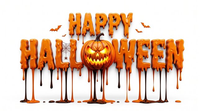 Happy halloween 3d text with dripping orange slime and glowing pumpkin