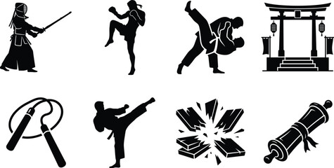 Minimalist solid black silhouette martial arts icon set featuring karate judo kendo and combat training symbols © Shilpi