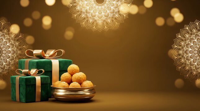 Raksha Bandhan Festive Background with Green Gift Boxes and Laddu Sweets
