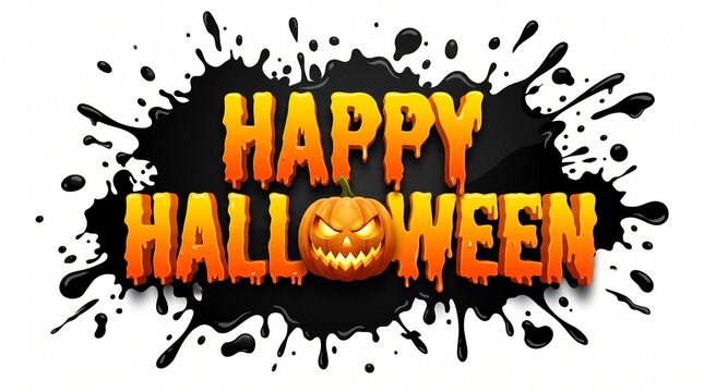 Happy halloween text with melting orange letters and jackolantern on black paint splash isolated on white background