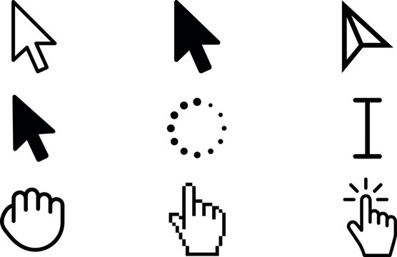 Computer Mouse Cursor and Pointer Icon Set with Arrow Hand Click Loading Loader and Text Select Symbols