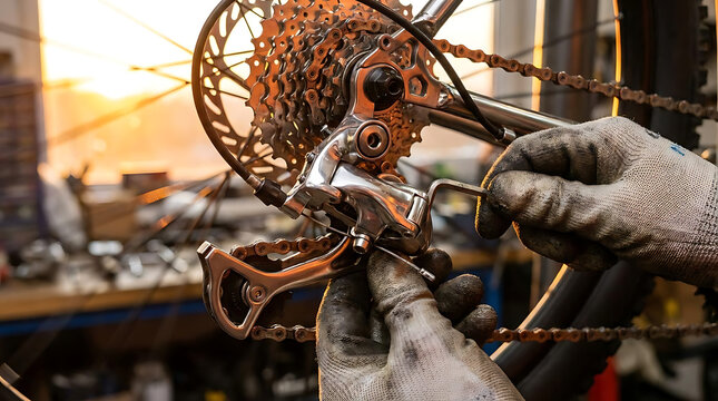 Mechanic repairing bicycle rear derailleur in workshop at sunset