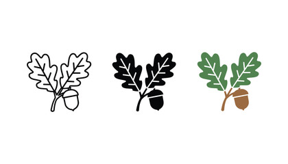 Oak tree leaves and acorn icon set symbolizing nature forest growth and autumn harvest themes in outline black and natural green brown colors for environmental conservation branding and web © Pure