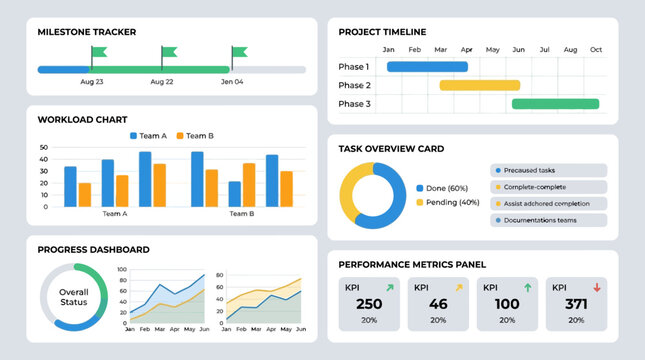 A comprehensive dashboard displays various project management metrics and data visualizations, including a milestone tracker, workload chart, project timeline, task overview, progress dashboard,.