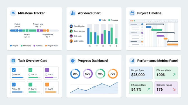 A meticulously arranged collection of six distinct data visualization panels showcases project management tools and performance metrics, including a milestone tracker, workload chart, project.