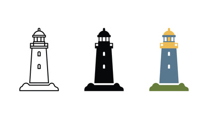 Lighthouse maritime navigation icon set featuring coastal safety and ocean travel themes in outline black and colored flat design styles for travel tourism and nautical branding asset libraries © Pure