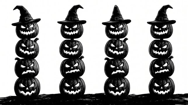 Stack of four spooky carved halloween pumpkins wearing witch hats