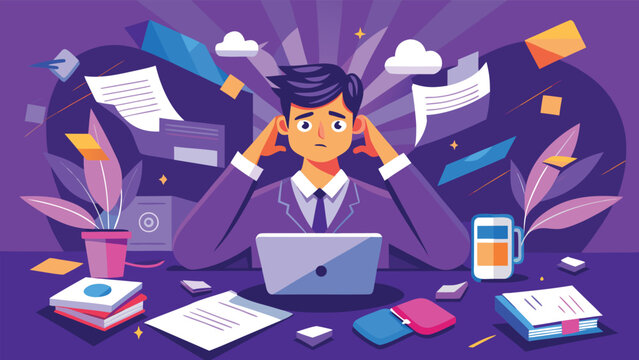 Stressed businessman overwhelmed with work and flying papers at desk during deadline pressure
