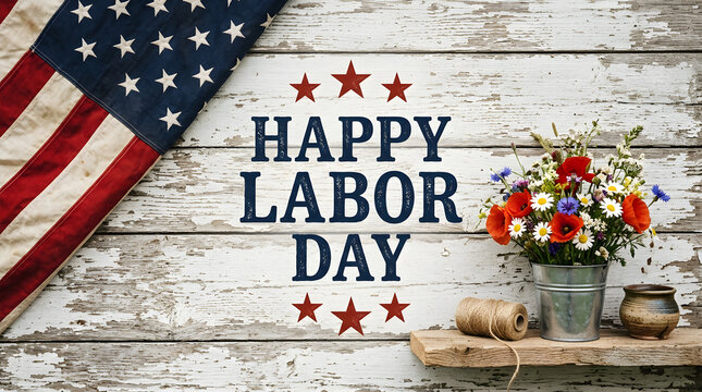 Labor Day celebration with American flag and flowers. Patriotic holiday scene with rustic background and festive decor.