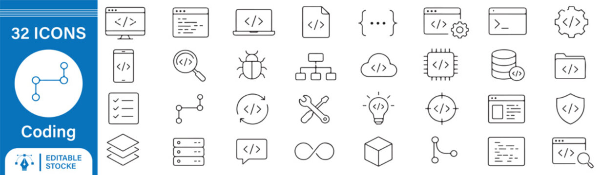 32 Coding Vector Outline Icons Set &ndash; Programming, Software Development, Source Code and Developer Tools Line Symbols Collection