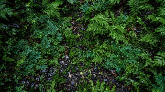 A highangle shot of a damp forest path covered in dark stones, moss, and various types of ferns, highlighting the rich textures and deep greens of the woodland floor