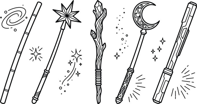 Magic wands wizard staff and fantasy weapons line icon set with crystal crescent moon sci fi sword vector