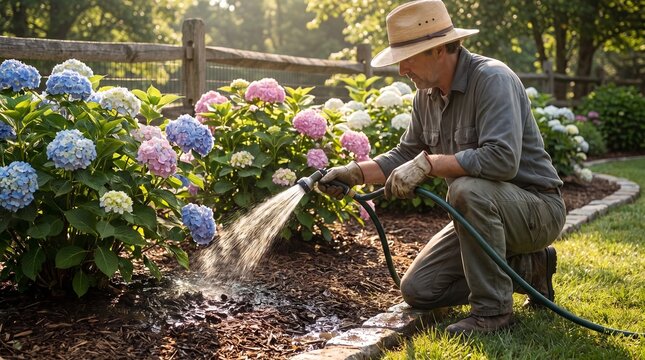 Gardener watering blooming hydrangeas with garden hose in flower bed