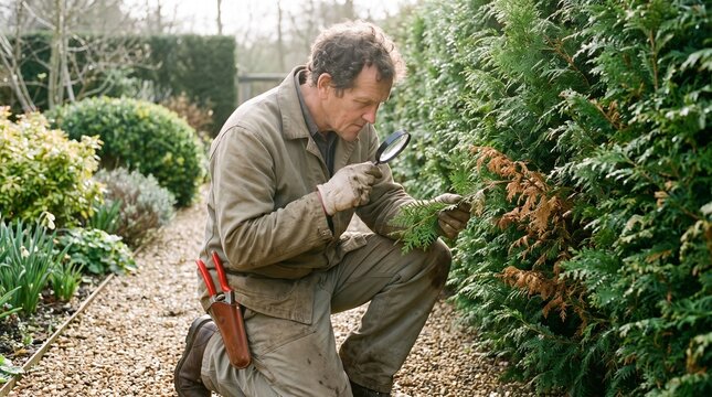 Gardener inspecting arborvitae hedge for pests and disease with magnifying glass
