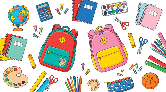 Bright colorful school supplies featuring two backpacks surrounded by various stationery items on a flat background