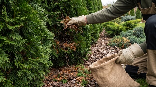 Gardener removing dead foliage from evergreen hedge during seasonal maintenance