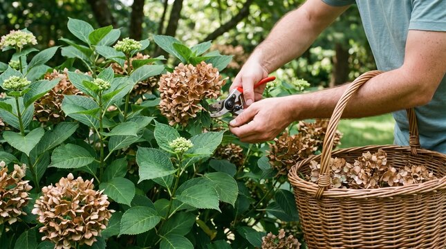 Gardener pruning faded hydrangea flower heads with hand pruners