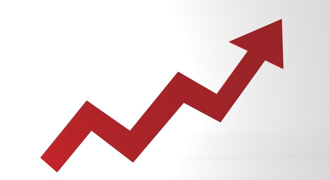Modern 3D red growth arrow isolated on a white background, ideal for business analytics, financial reports, investment, marketing, and performance presentations.