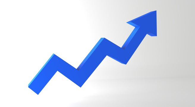 Modern 3D blue growth arrow isolated on a white background, ideal for business analytics, financial reports, investment, marketing, and performance presentations.