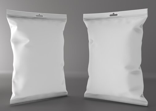 Realistic blank food pouch packaging isolated on a white background, ideal for snacks, chips, cookies, candy, nuts, branding, and product packaging presentations.