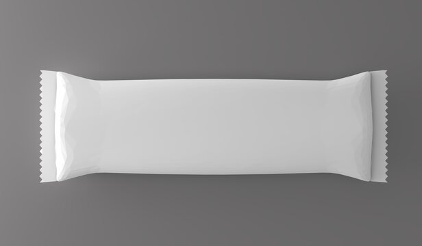 Realistic white plastic snack bar wrapper mockup isolated on a white background, ideal for food packaging, branding, product presentation, and label design.