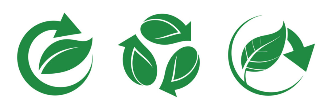 Green leaf and recycling icon set, biodegradable, recyclable, organic bio labels, eco packaging stamps, recycled resource symbols, editable vector illustration.