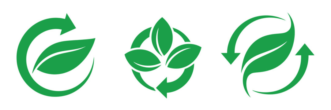 Green leaf and recycling icon set, biodegradable, recyclable, organic bio labels, eco packaging stamps, recycled resource symbols, editable vector illustration.