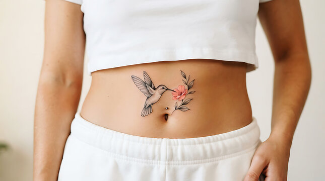 Woman's midriff with intricate black floral tattoo