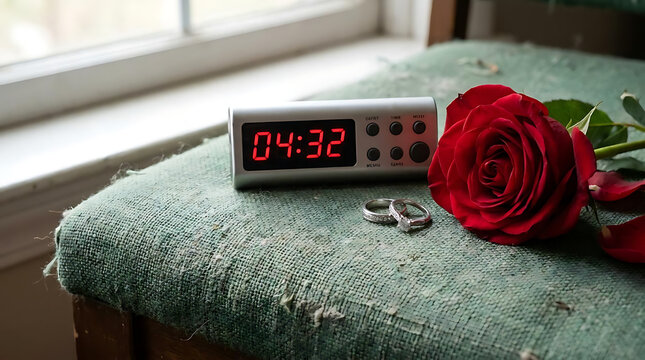 Red rose with digital clock and wedding rings.